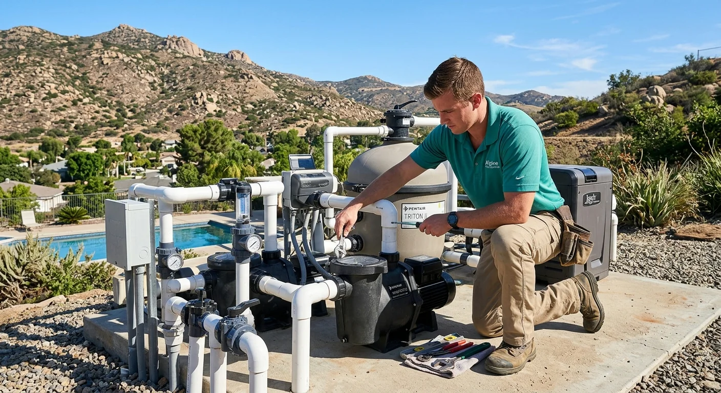 A pool technician working on an equipment pad with the rocky hills of Alpine, CA