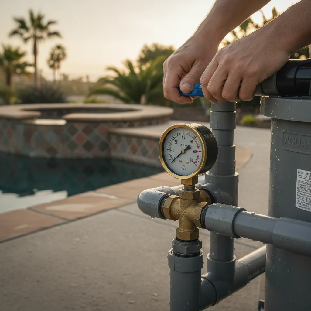 A close-up of a pool pump pressure gauge showing an unusually high reading, indi