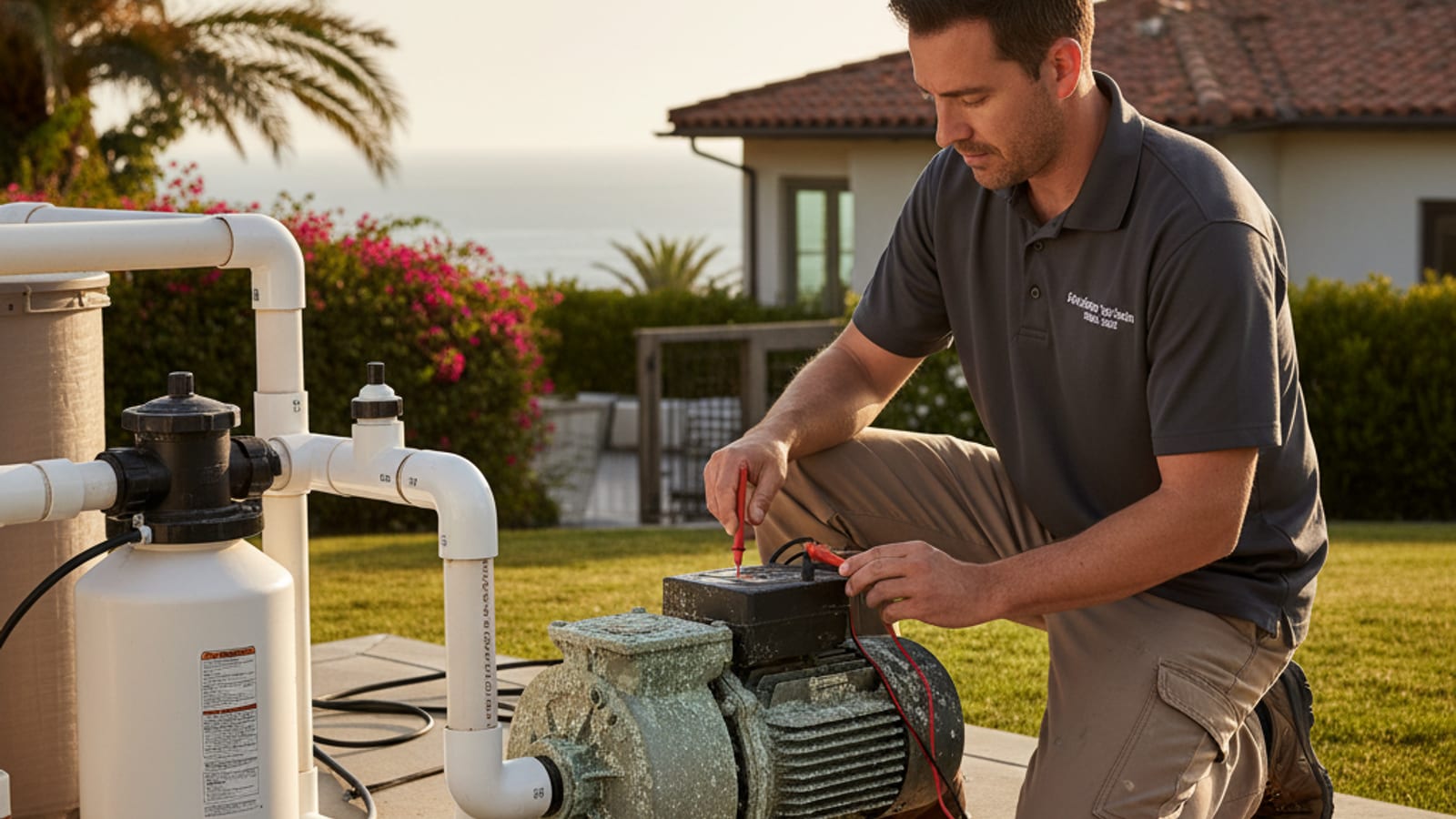 Pool technician inspecting a corroded pool pump motor at a La Jolla coastal home