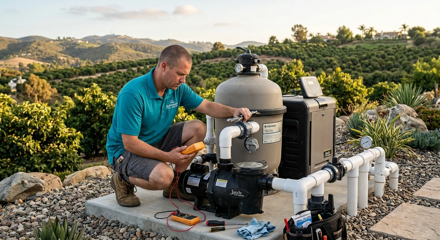 A technician diagnosing a pool pump on an equipment pad in a Bonsall backyard, with rolling hills and avocado groves in the background, late afternoon light.