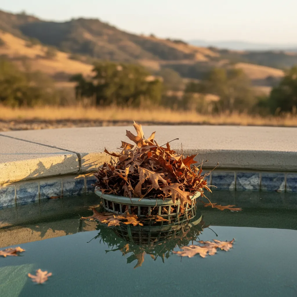 Close-up of a pool skimmer basket filled with oak leaves and debris, illustrating a common issue for Bonsall-area pools.