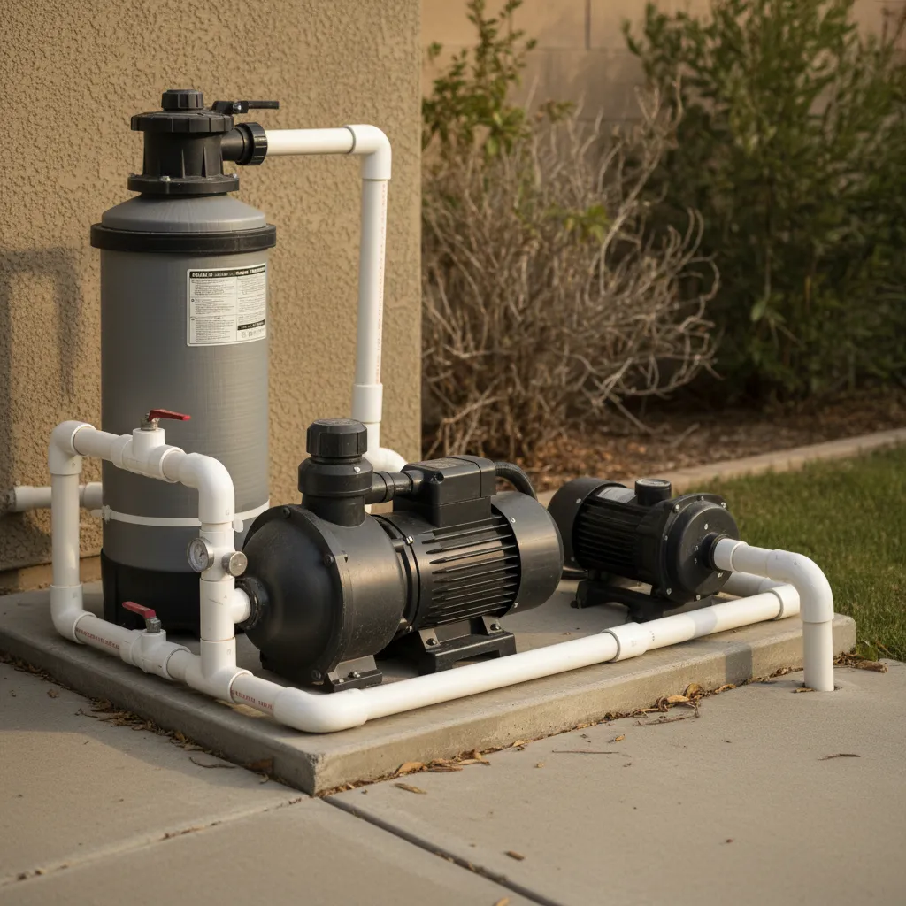 Diagram comparing a main filtration pump and a separate booster pump on a pool equipment pad with the dedicated cleaner line