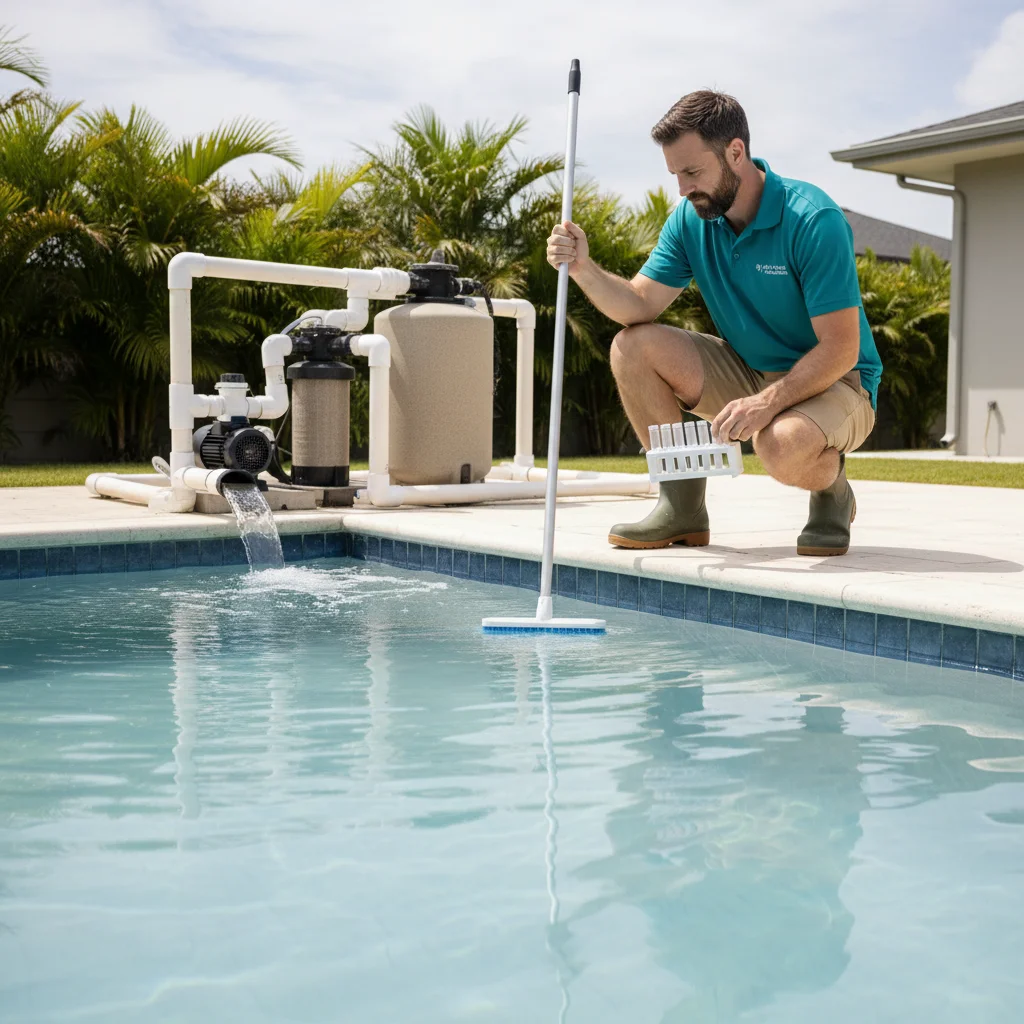 Pool technician cleaning a rental property pool near the Camp Pendleton area