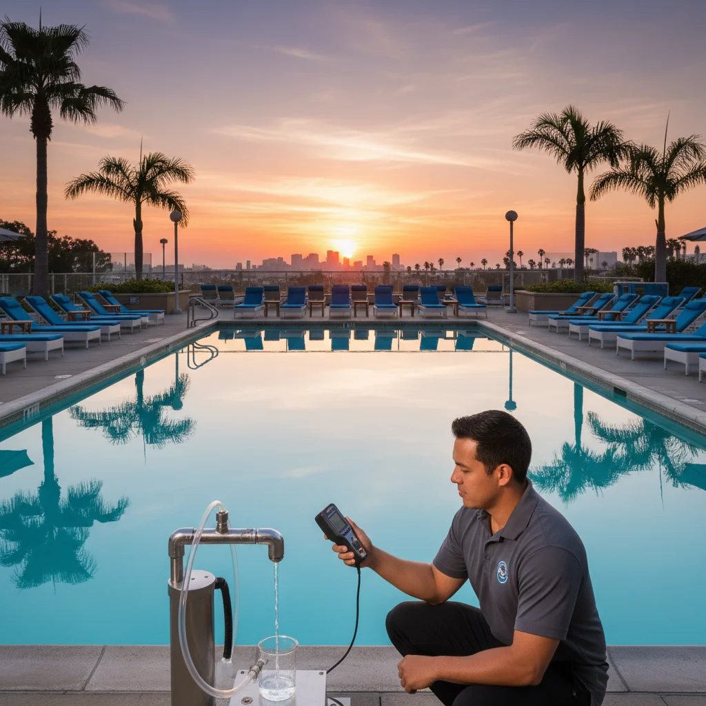 A clean hotel pool in San Diego at sunrise with a technician checking chemical readings