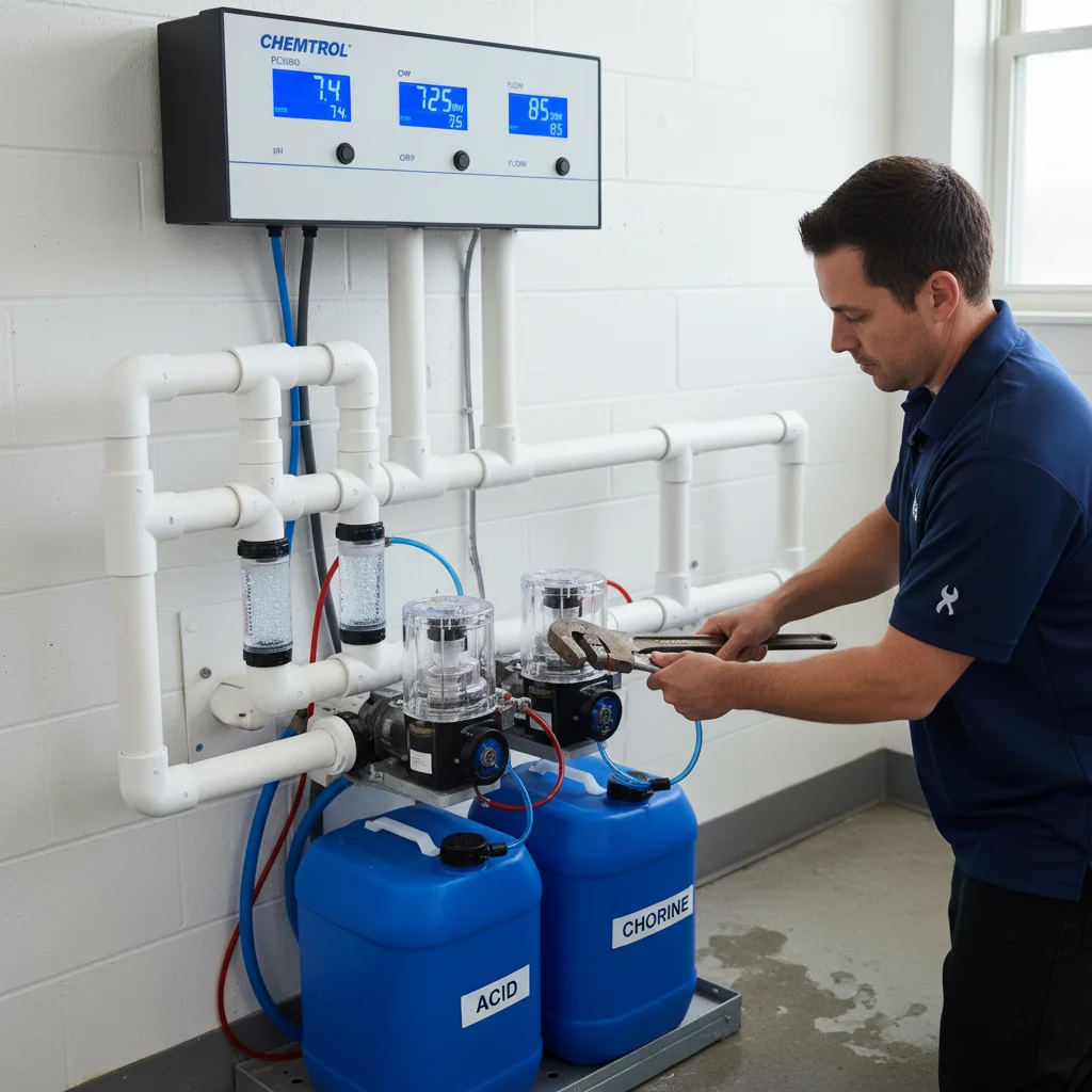 Commercial pool chemical controller mounted on equipment-room wall with digital readouts