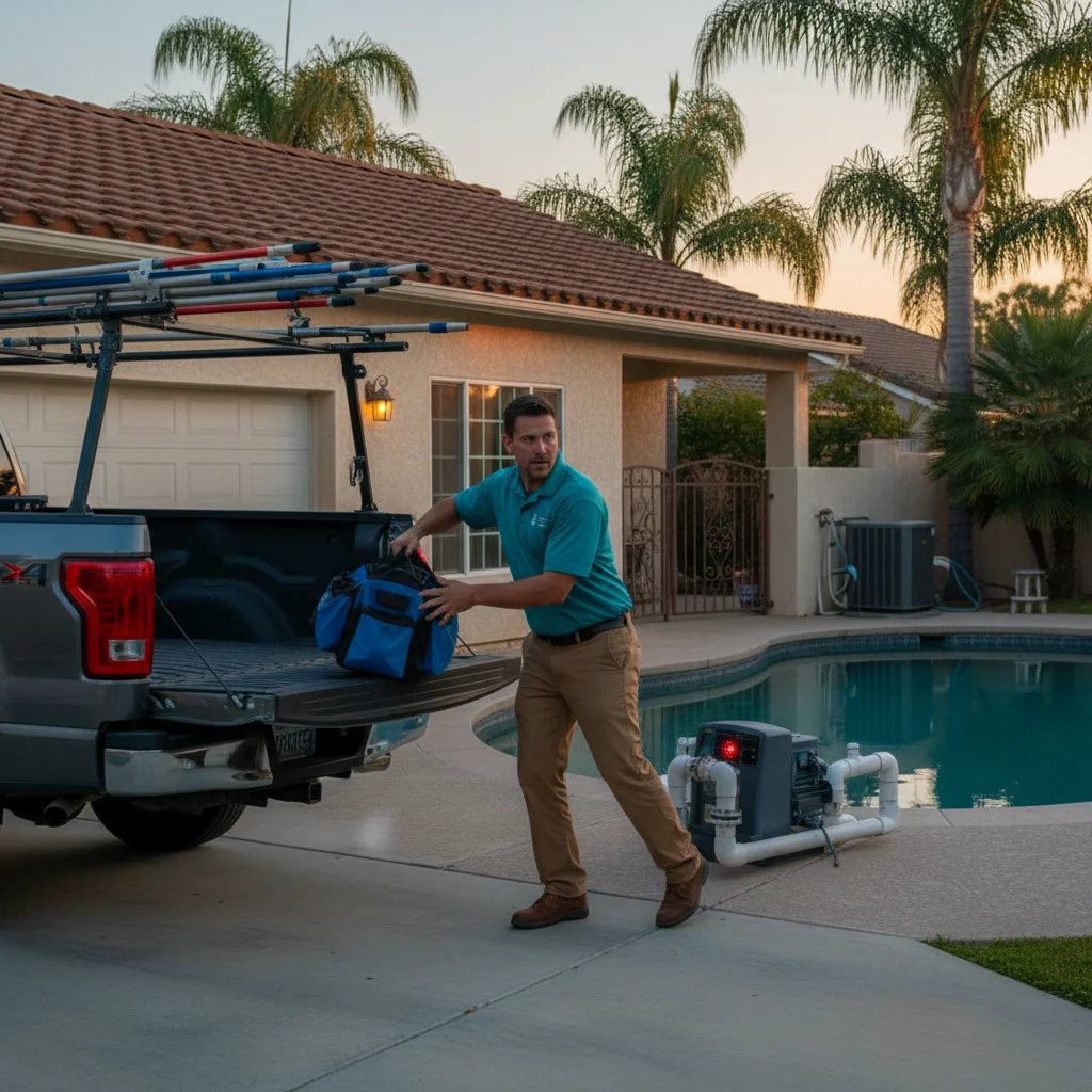 Pool service truck arriving at a San Diego home at dusk with technician unloading tools and pool equipment alarm light visible