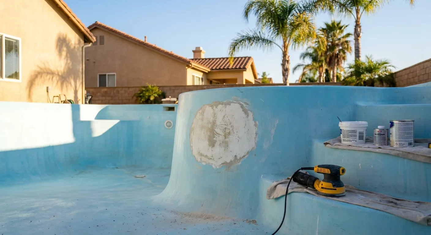 A drained fiberglass pool in a San Diego backyard with a sanded gelcoat repair patch on the wall and repair tools resting on the pool steps.