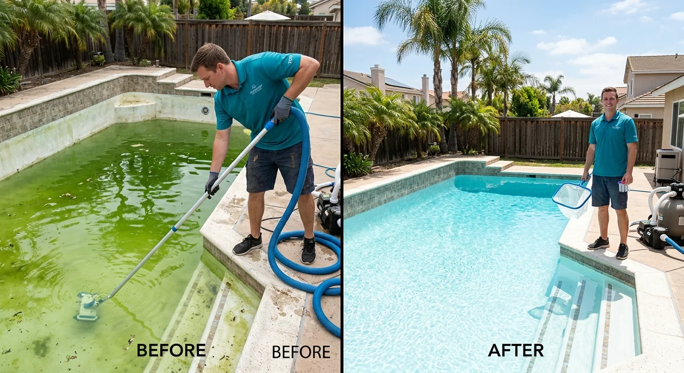A dramatic before-and-after split image. Left side: a murky, green swimming pool. Right side: the same pool, now sparkling blue and clean. The San Diego sun is shining.
