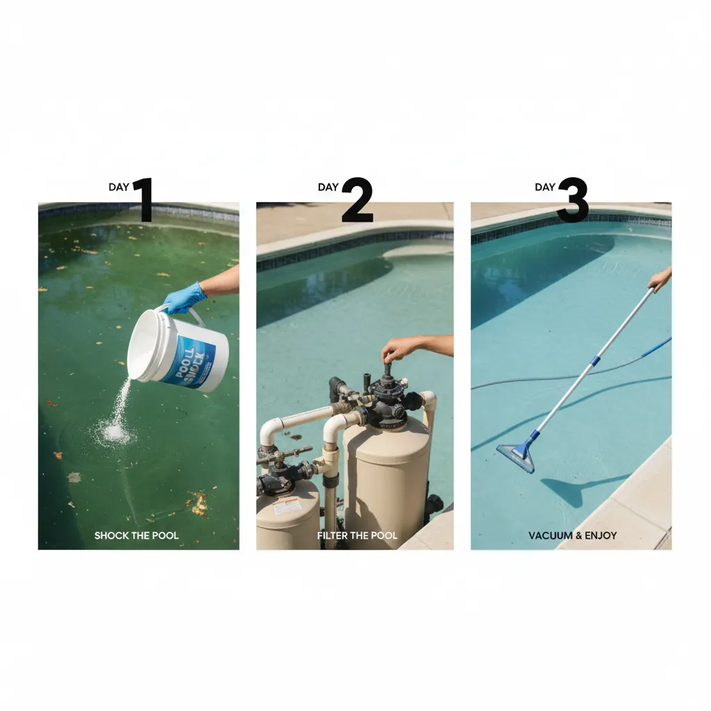 A simple timeline graphic illustrating the 3-day green pool recovery process, with icons for each major step (shock, filter, vacuum).