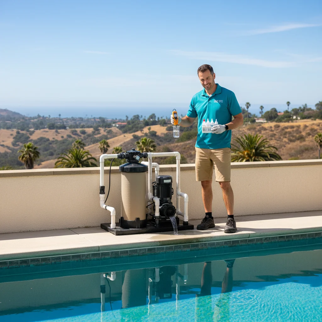 Pool technician servicing a luxury backyard pool overlooking the coast in Del Mar