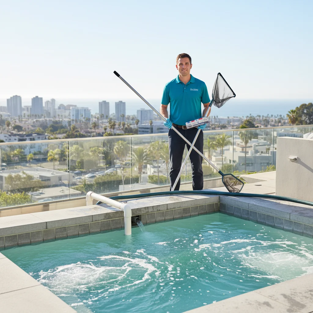 Pool technician cleaning a residential pool on a large rural Fallbrook property surrounded by avocado groves