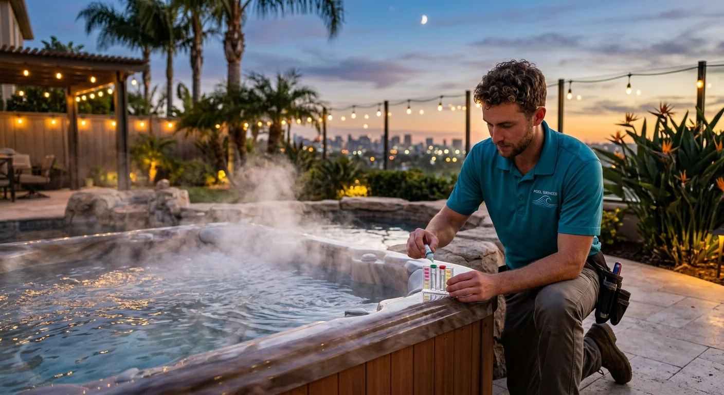 Technician testing hot tub water with a small kit as steam rises