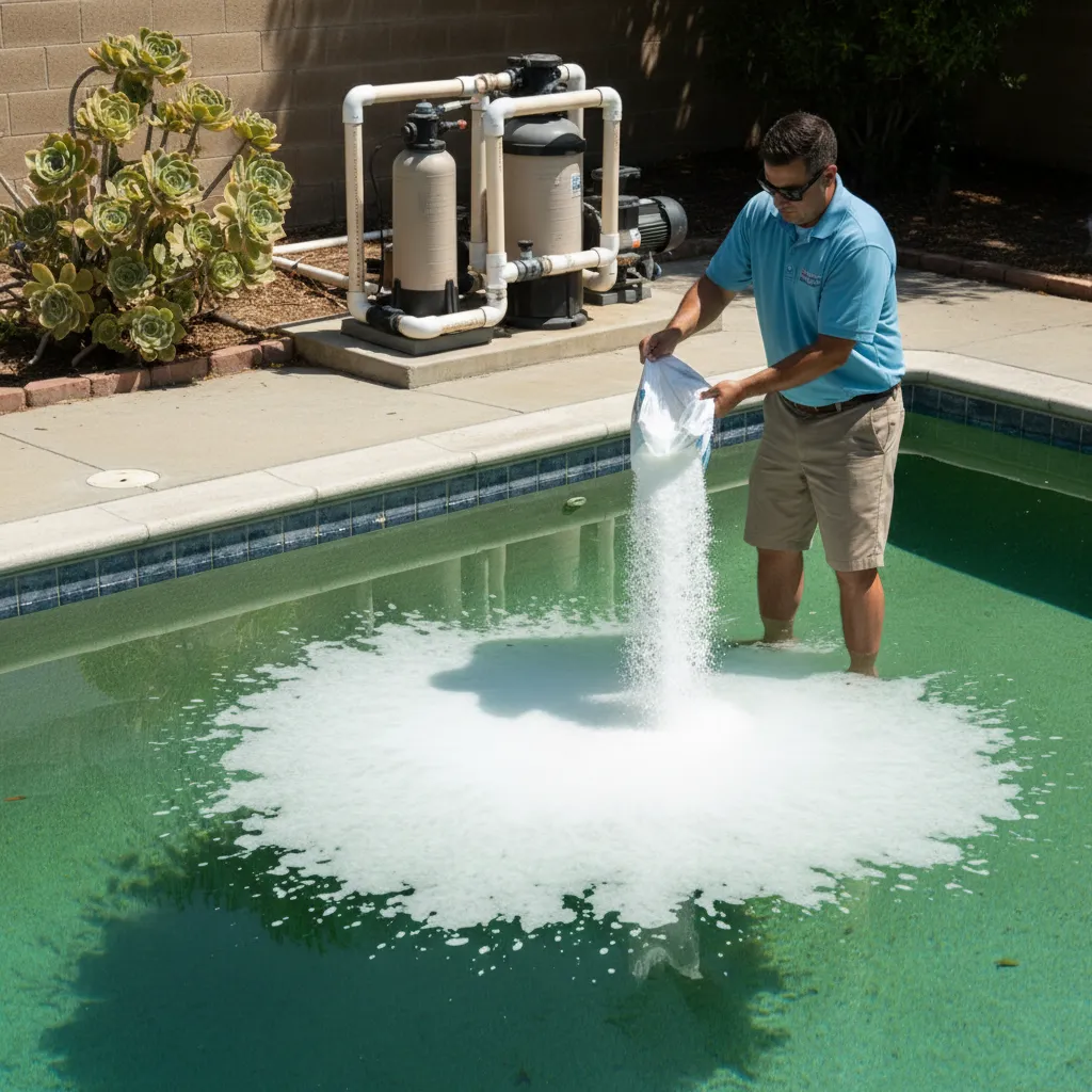 A pool technician adding a large bag of shock treatment to a green pool, creating a billowing white cloud in the water