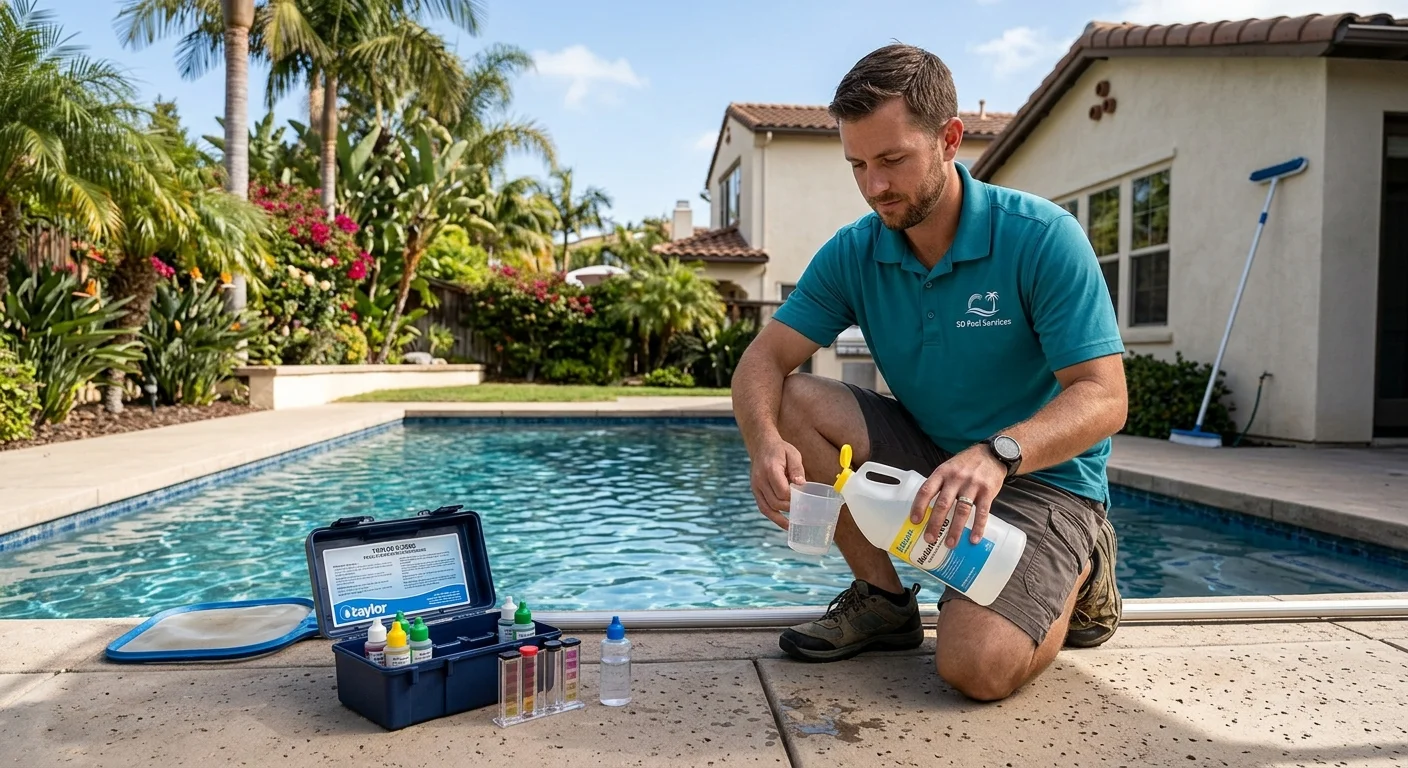 Pool pro dosing a San Diego backyard pool with a test kit open on the deck