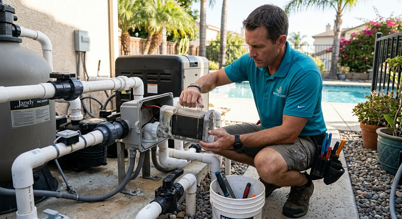 Pool pro sliding a salt cell out of a chlorinator housing on a San Diego pad