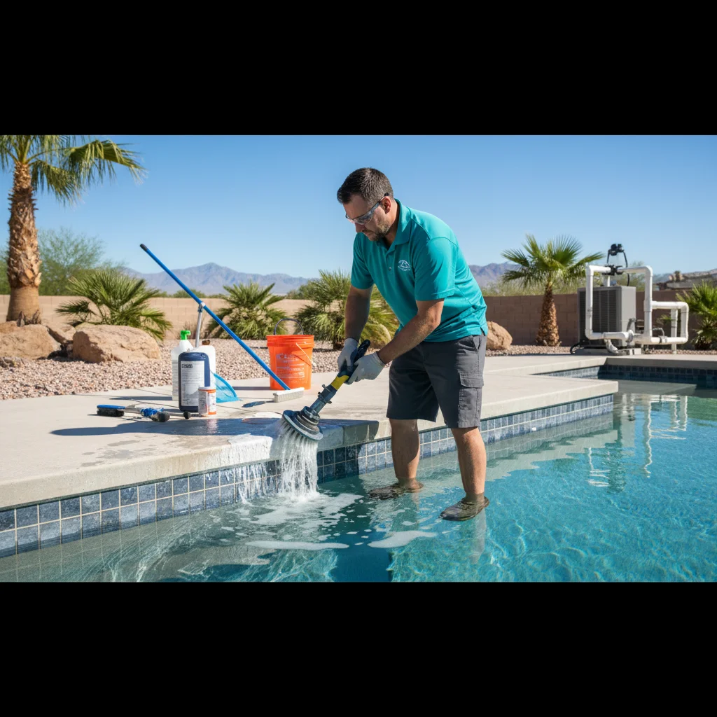 Close-up of sparkling clean pool tile after calcium scale removal in Spring Valley