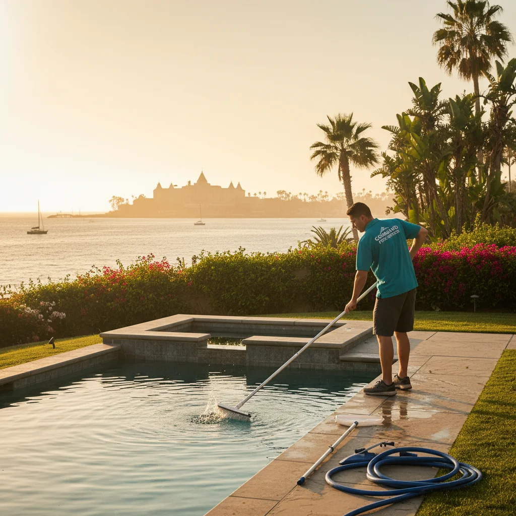 A Splash Pro Pools technician brushes the waterline of a backyard pool in Coronado, with the Hotel del Coronado visible in the distance.