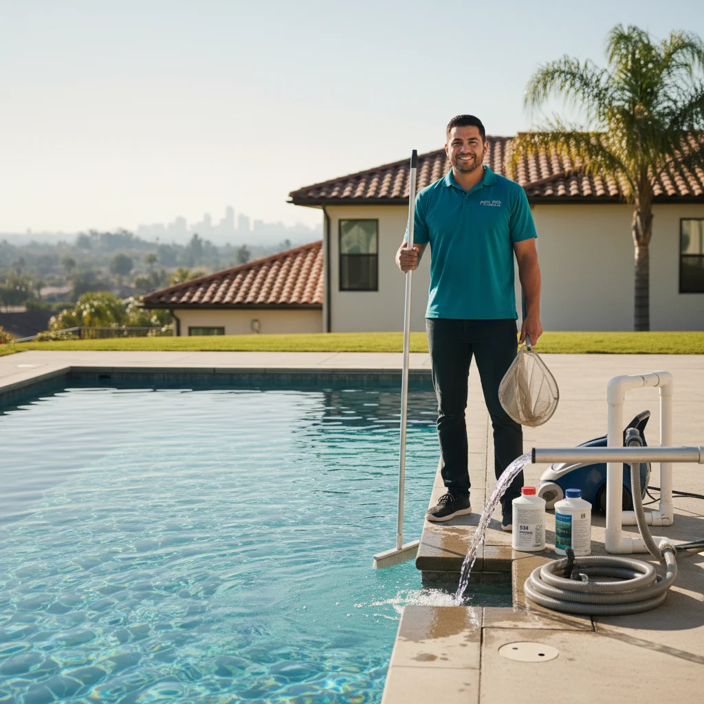 A clean, sparkling swimming pool in a Chula Vista backyard.