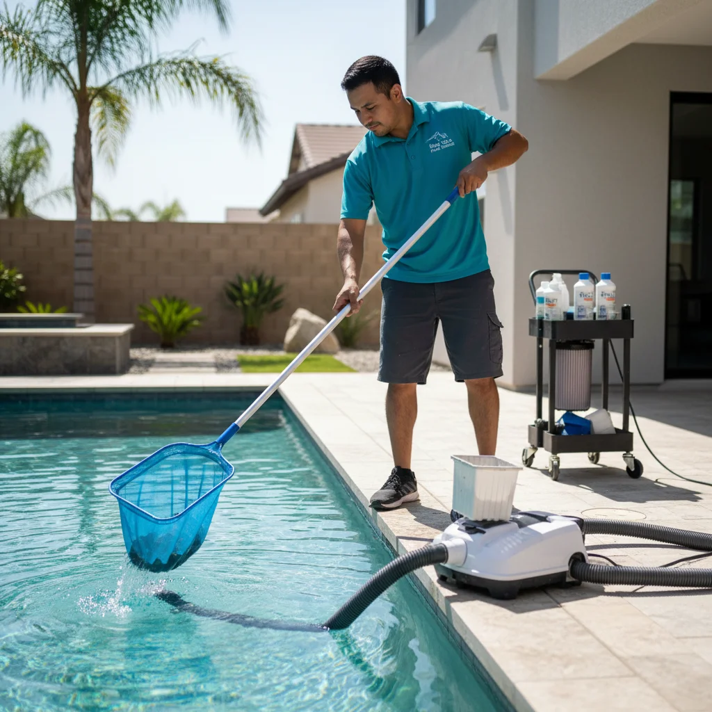A pool technician checking the chemical balance of a Chula Vista pool.