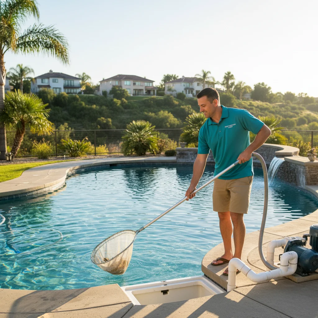 A clean, sparkling swimming pool in a Poway, CA backyard with trees in the background.