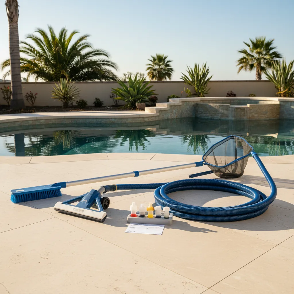 An organized shot of the tools of the trade on a clean pool deck: a telescoping pole with brush and net attachments, a vacuum head and hose, and a chemical test kit.