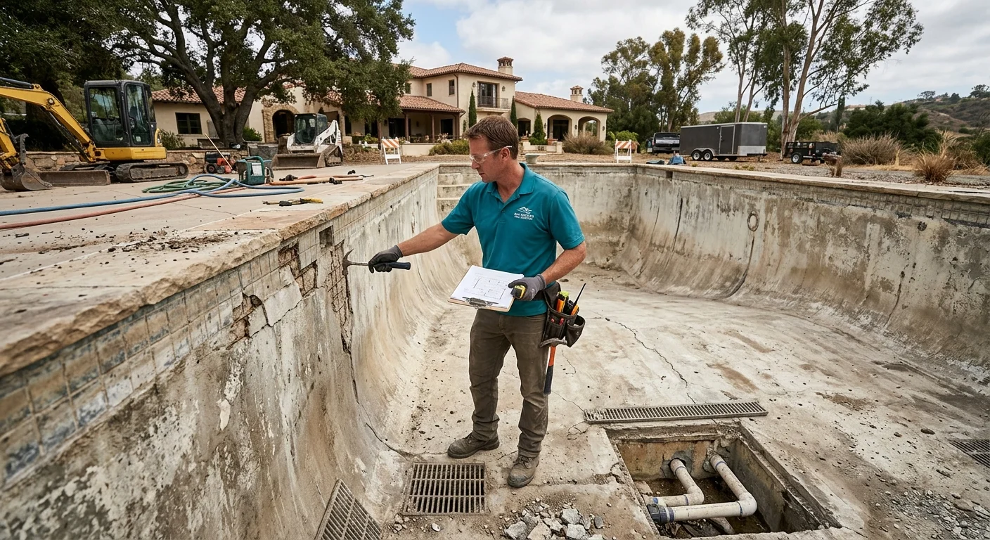 Contractor inspecting a drained Rancho Santa Fe estate pool