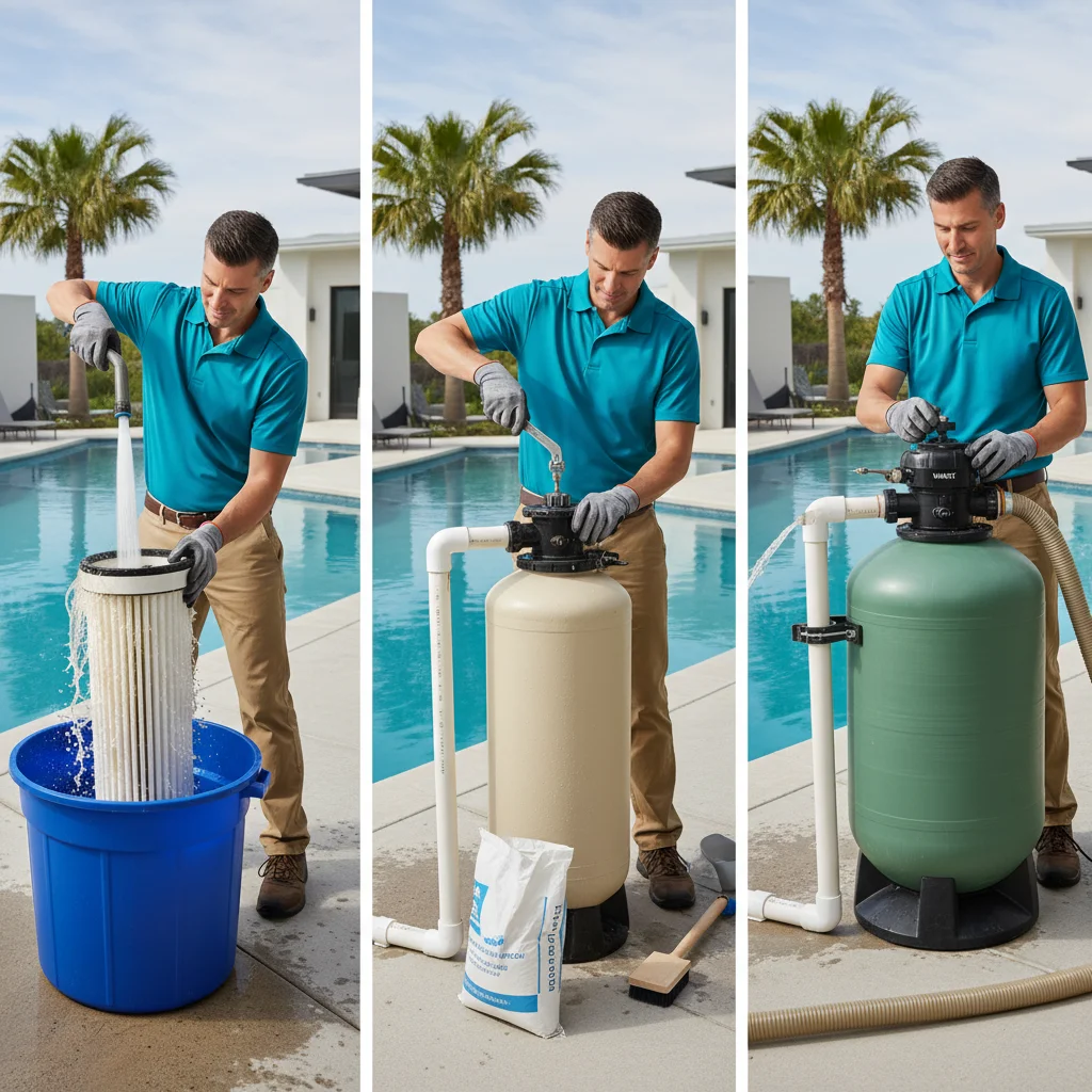 Pool technician testing water chemistry poolside in San Marcos with brushing equipment nearby