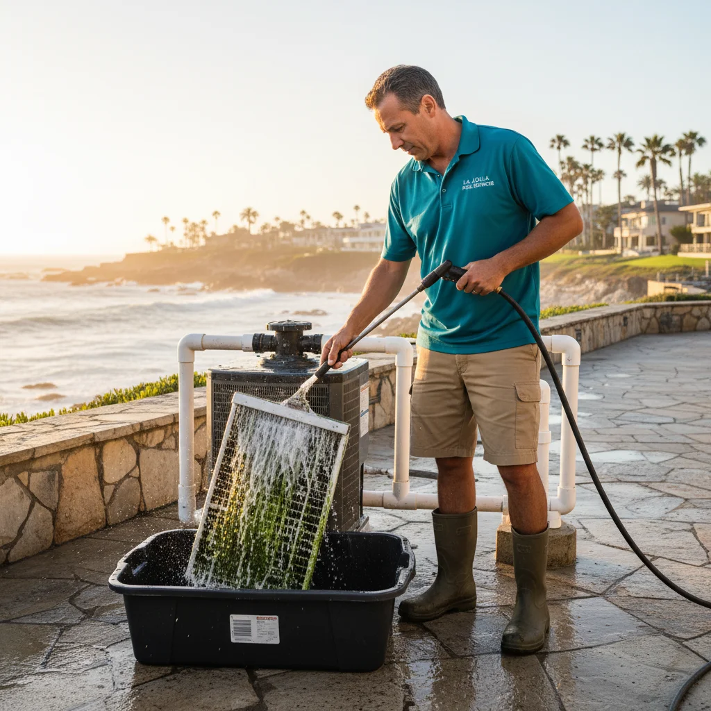 Pool technician balancing water chemistry in a backyard pool near the coast in Solana Beach