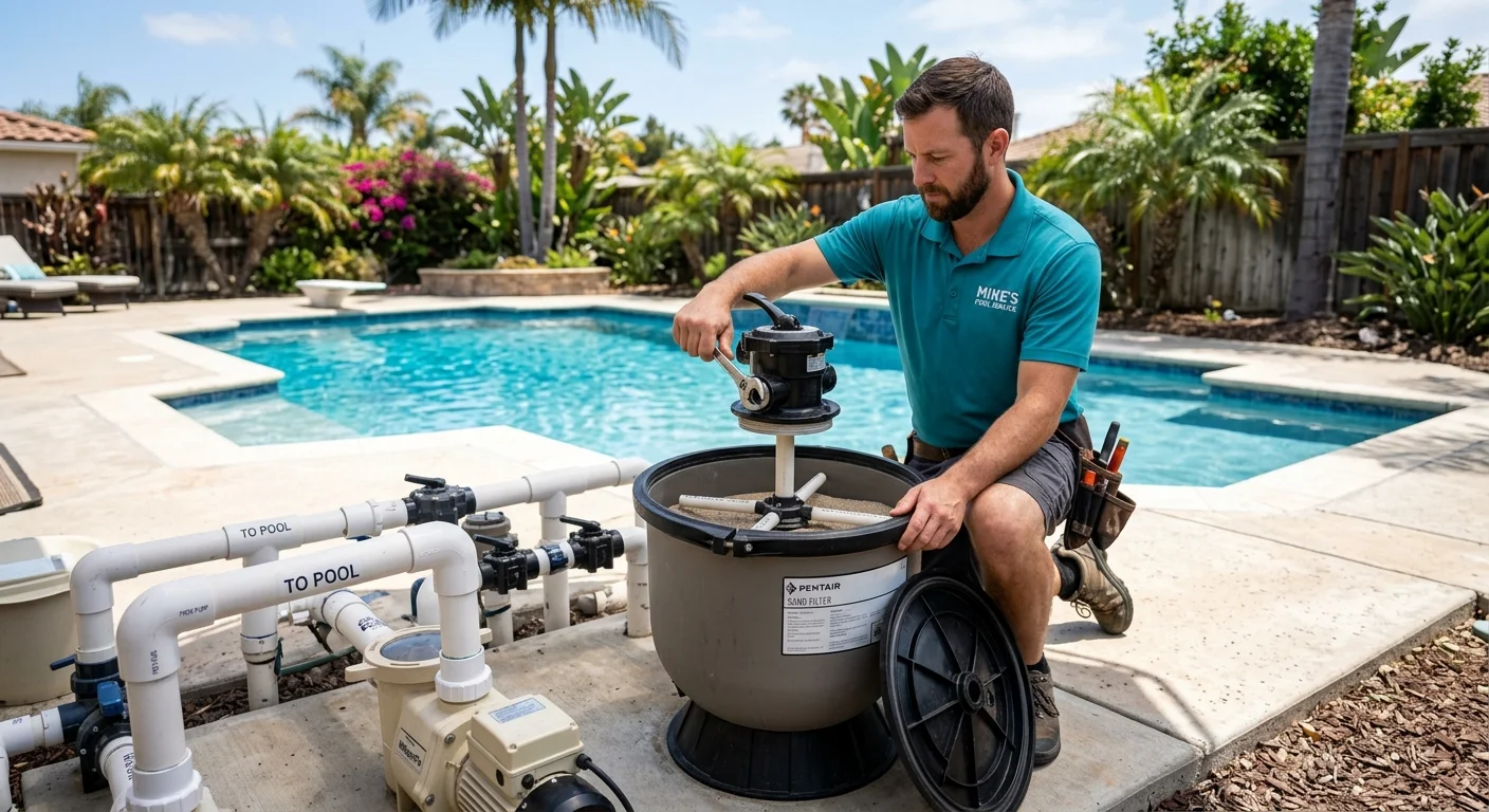 Independent pool pro inspecting an open filter tank on a San Diego backyard equipment pad