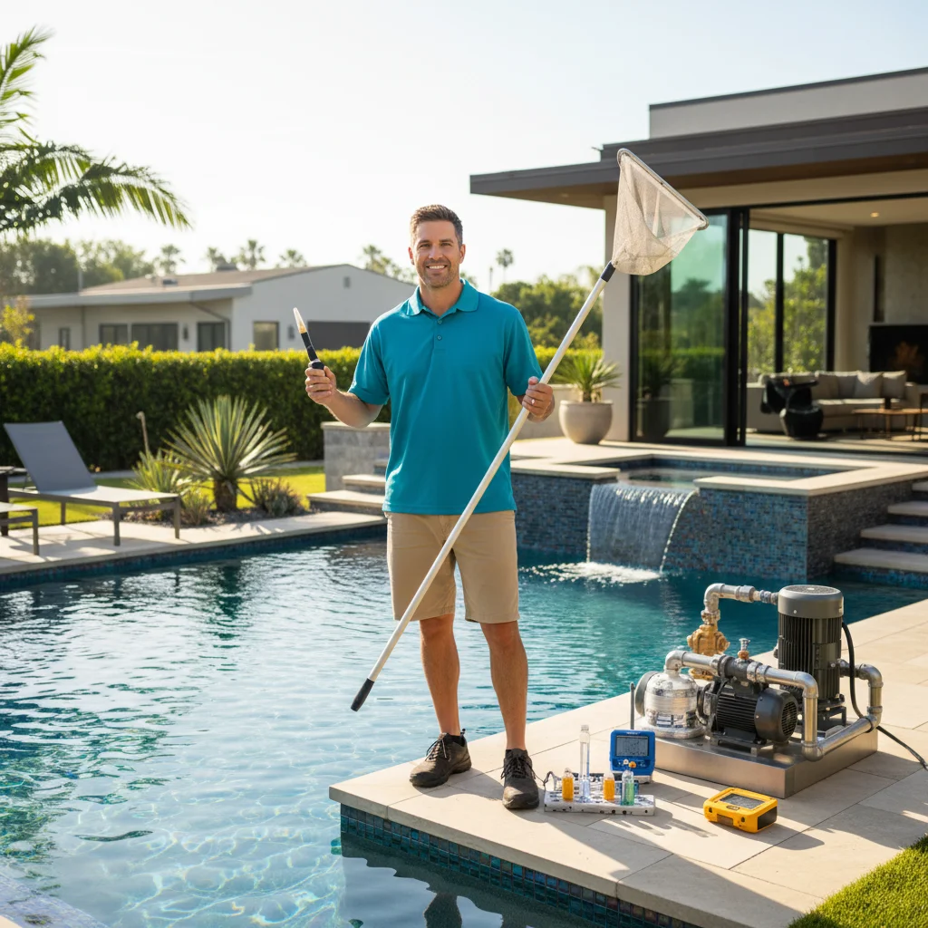 Pool technician brushing the tile line of an older residential pool in Vista
