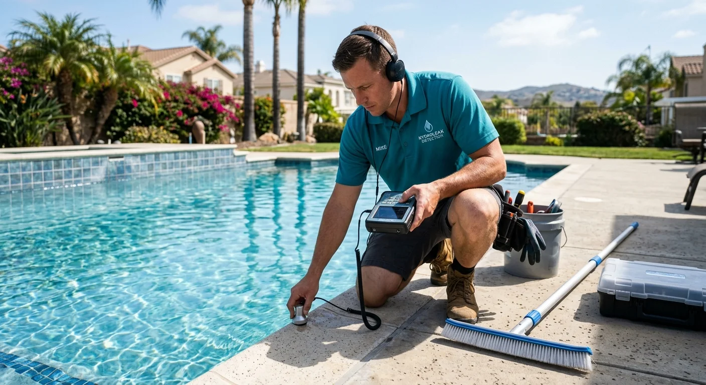 A technician using specialized electronic listening equipment at the edge of a San Diego pool to find a leak.