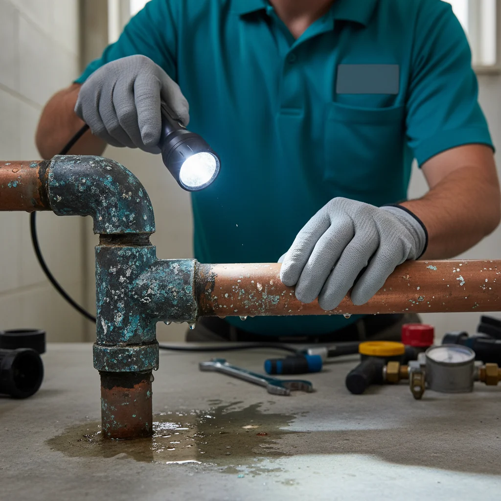 Close-up photo of corroded copper pool plumbing showing pitting from salt air.