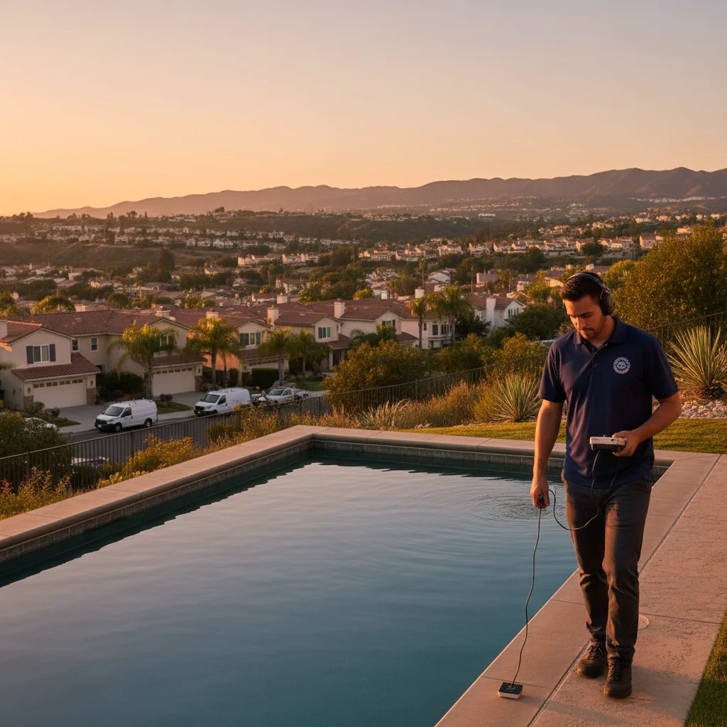 La Mesa hillside backyard pool at golden hour with a technician walking the perimeter using a leak detection device