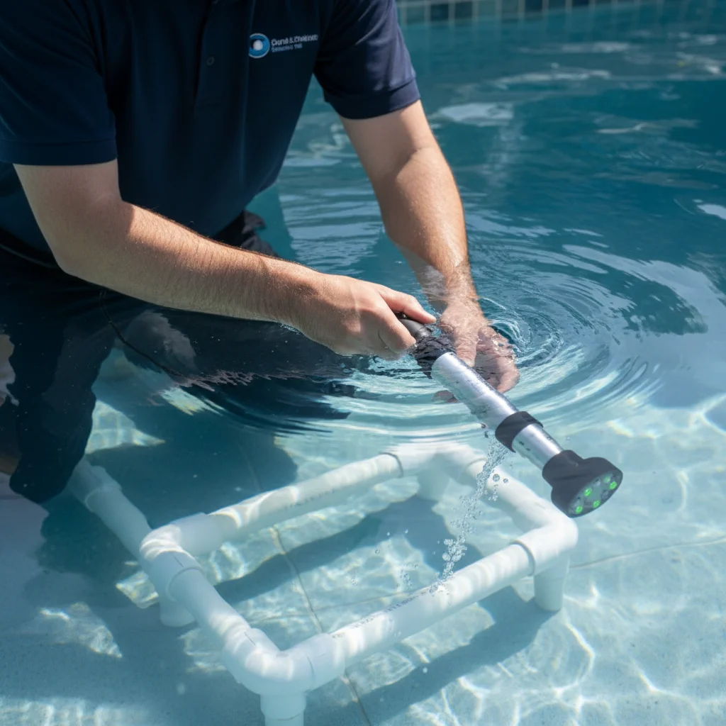 Close-up of an electronic leak detection probe submerged in clear pool water