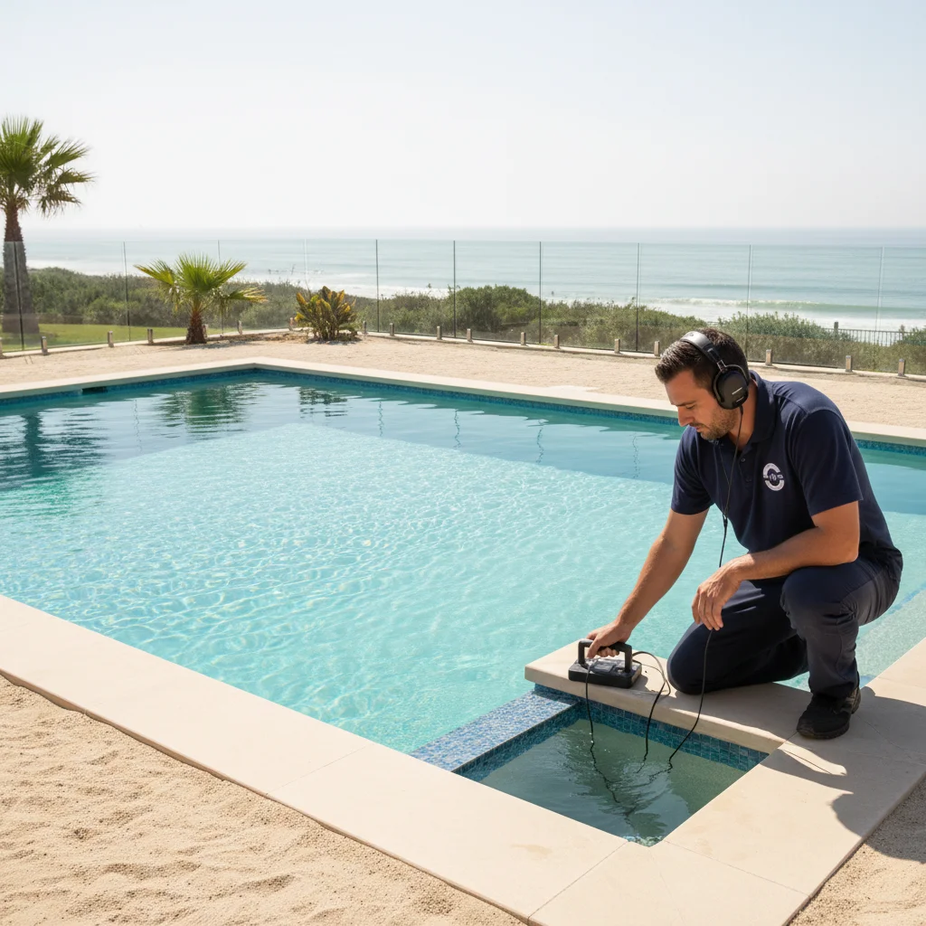 Oceanside backyard pool with sandy hardscape and ocean haze, technician detecting a leak at the skimmer