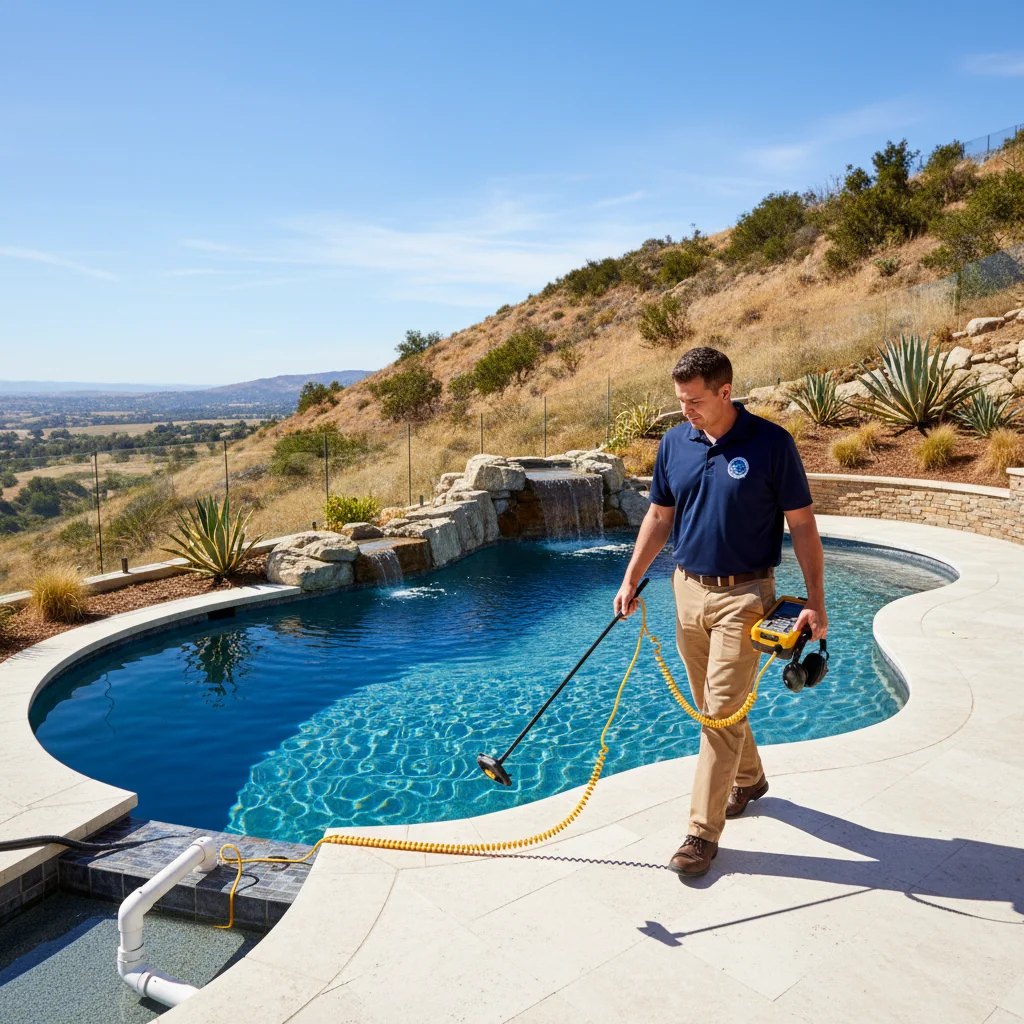San Marcos hillside backyard pool at midday with a technician walking the deck carrying leak-detection equipment