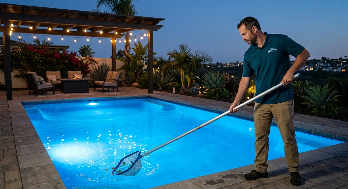 A San Diego pool glowing with a blue LED light at dusk, warm patio lighting, calm water, inviting evening scene.