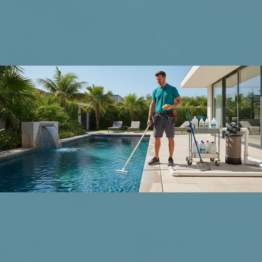 Clean San Diego backyard pool with clear blue water after a weekly service visit