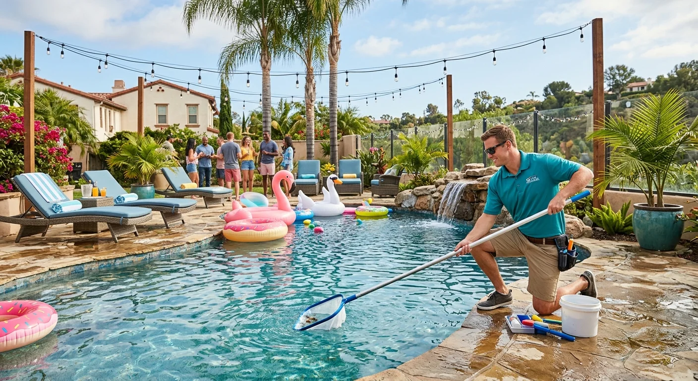 San Diego backyard pool set for a party with clear water and string lights