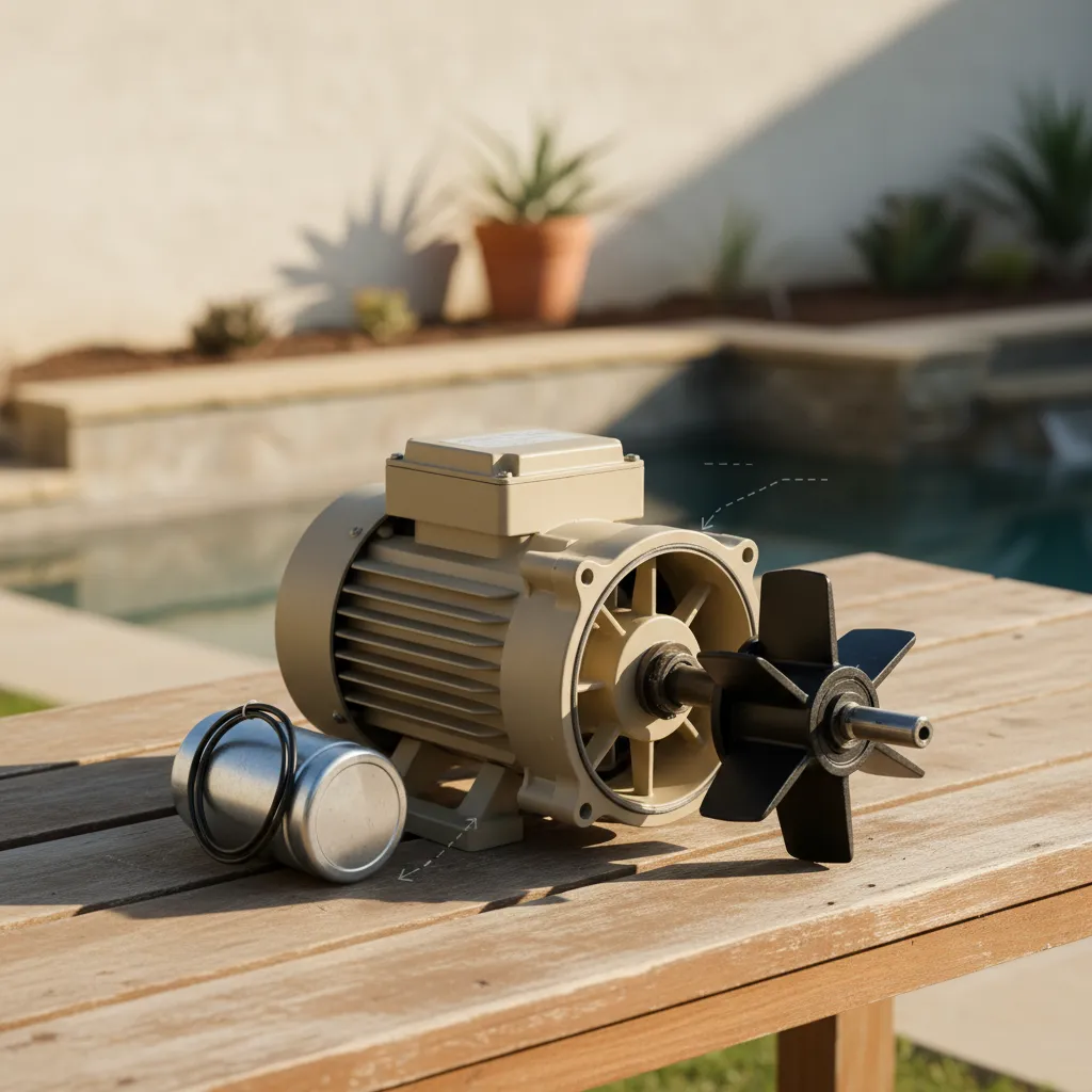 A simple diagram showing the main parts of a pool pump motor: the capacitor, the impeller, and the motor housing.