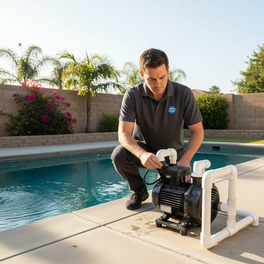 Pool technician kneeling beside a noisy pool pump with a listening tool against the motor housing in a San Diego backyard