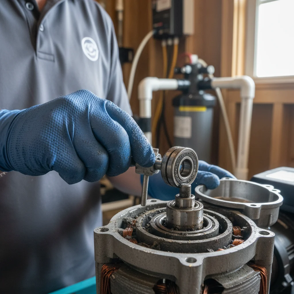 Close-up of a pool pump motor with end-cap removed showing worn bearings and dust on a technician's gloved hand