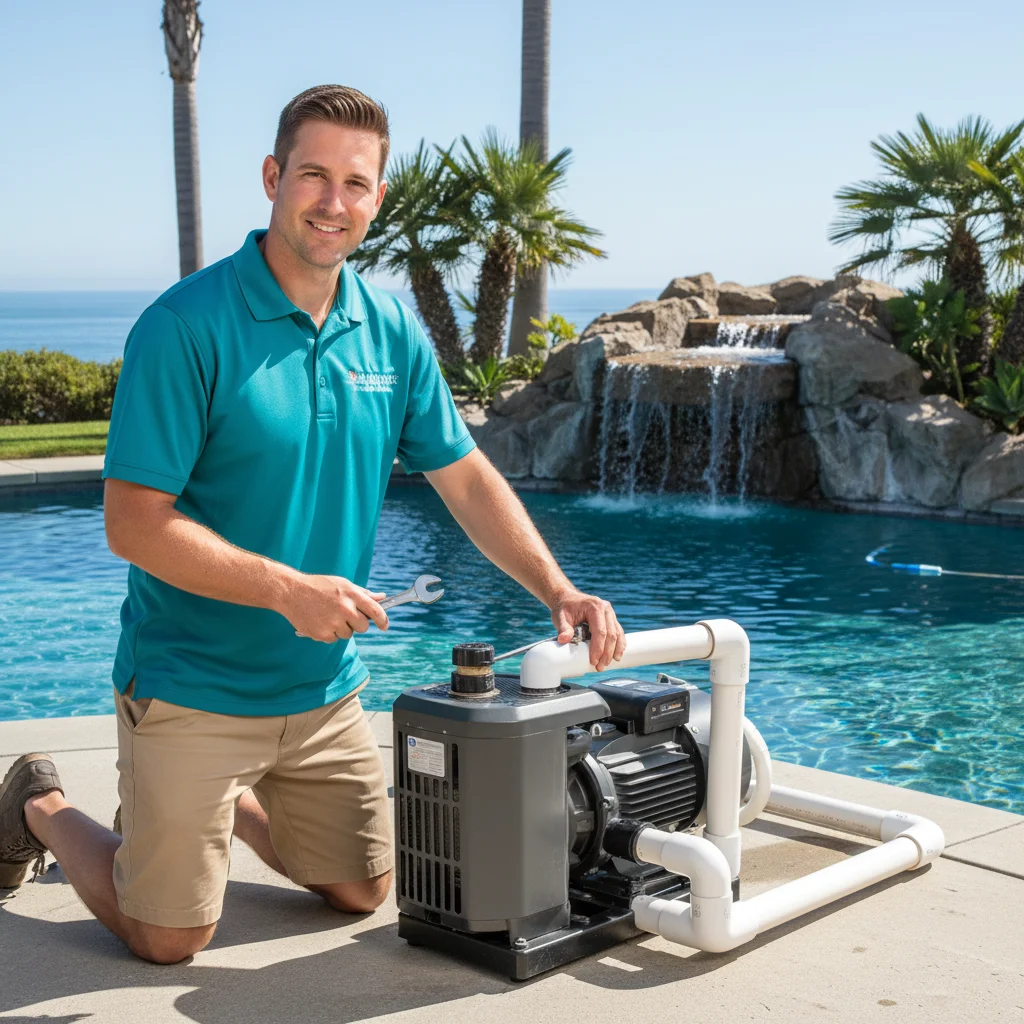 Sun-faded coastal illustration representing pool filter cleaning La Jolla