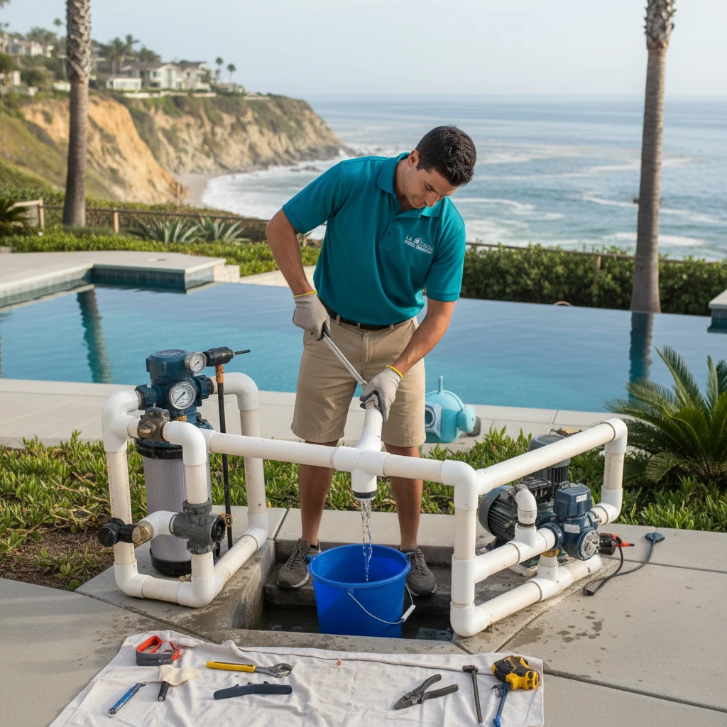 Sun-faded coastal illustration representing pool pump repair El Cajon