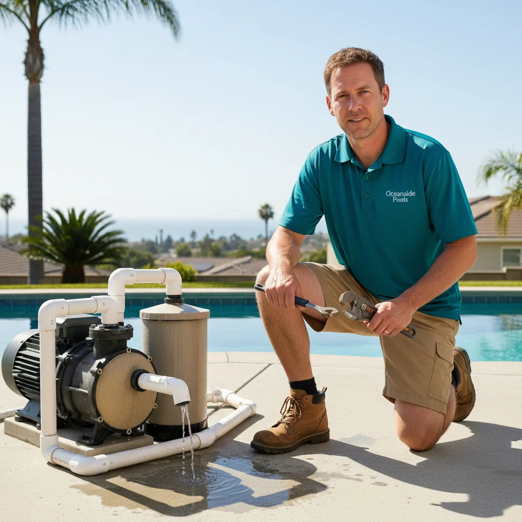 Sun-faded coastal illustration representing pool pump repair Rancho Santa Fe