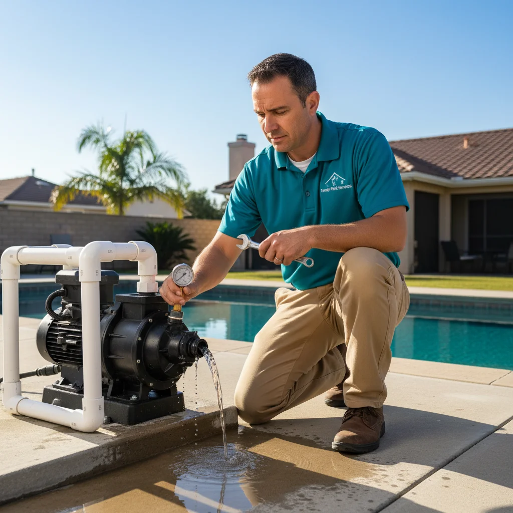 Sun-faded coastal illustration representing pool pump repair San Marcos
