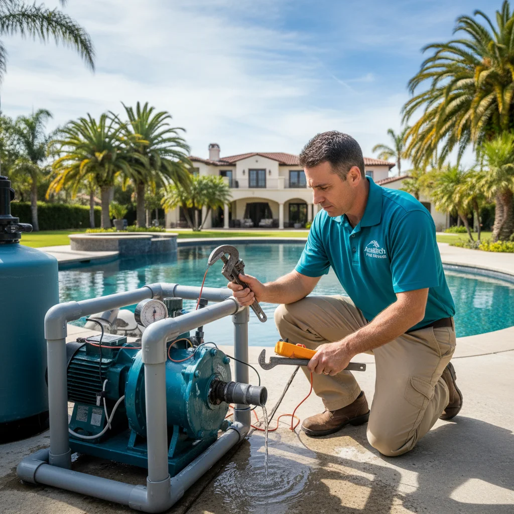 Sun-faded coastal illustration representing pool pump repair Poway