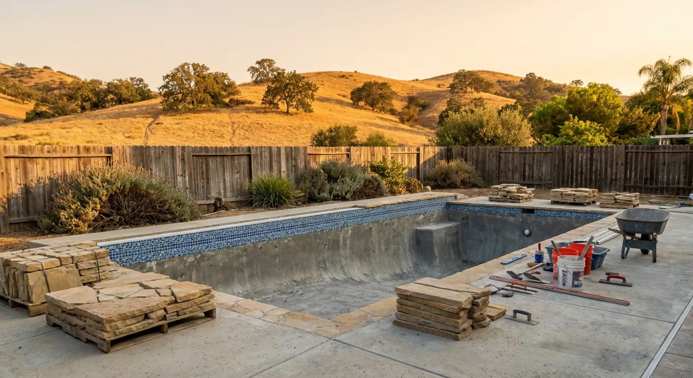 Poway backyard pool drained mid-remodel with new waterline tile and coping going in