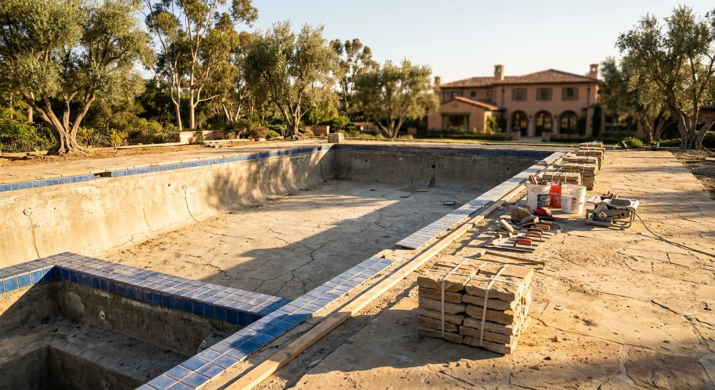 Large Rancho Santa Fe estate pool mid-remodel with new tile and coping being installed