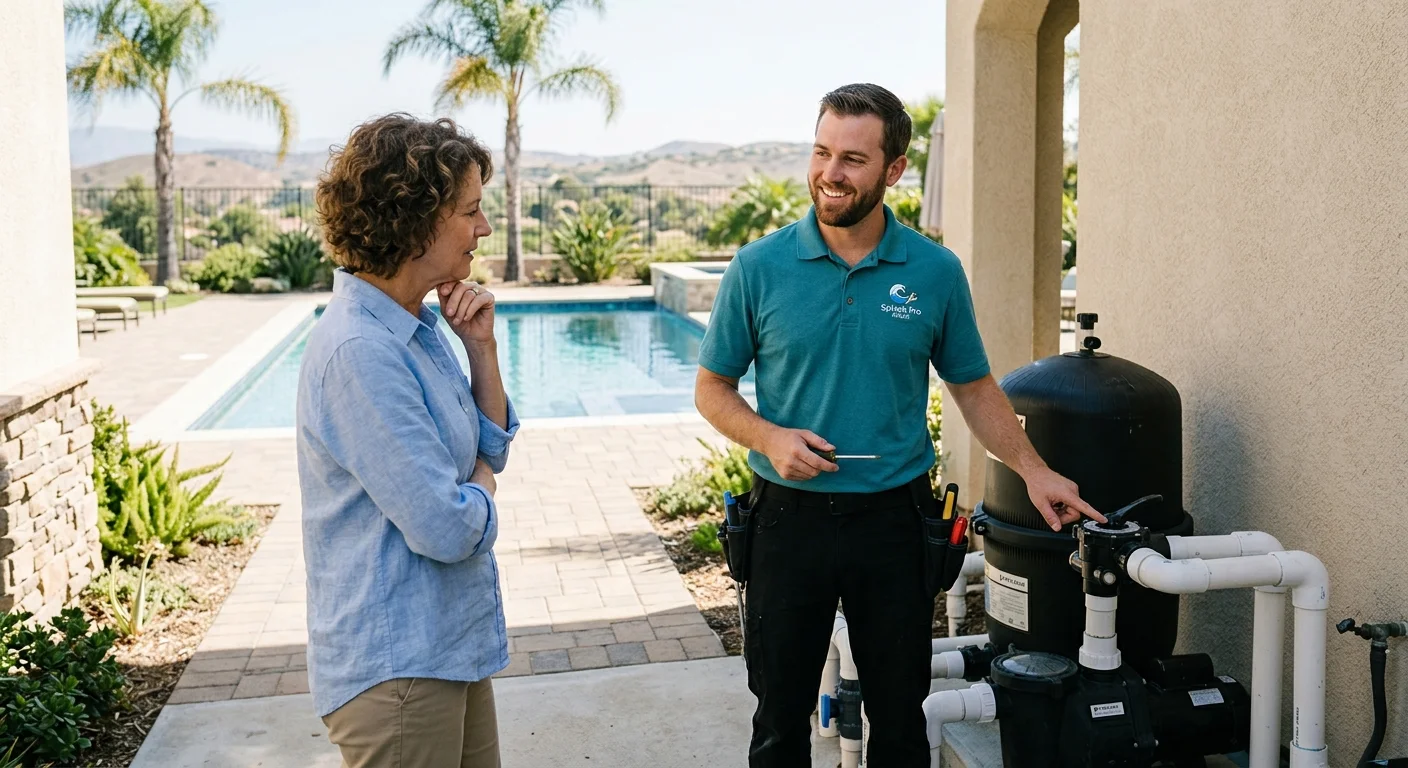 A friendly pool technician in a Splash Pro Pools shirt pointing at a pool pump, explaining a repair to a San Diego homeowner with a sunny background.